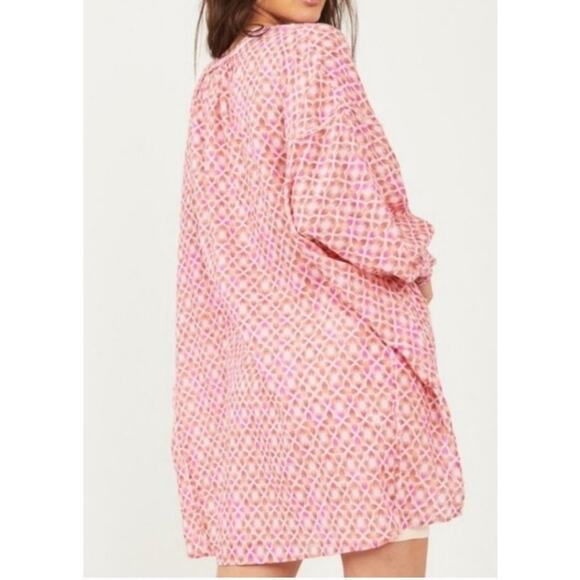 Intimately Free People Oversized Buttondown Blouse Pink Geo Print Linen Blend S - Picture 2 of 12
